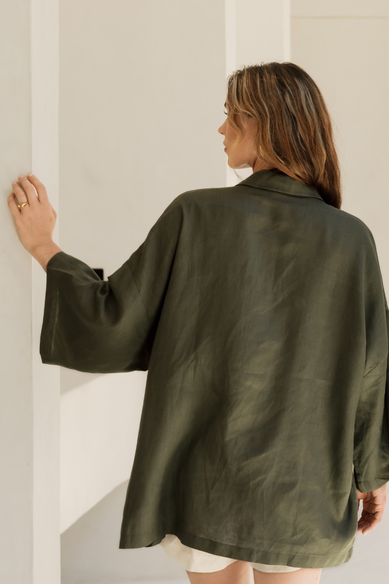 ELORA LINEN SHIRT - OLIVE GREEN