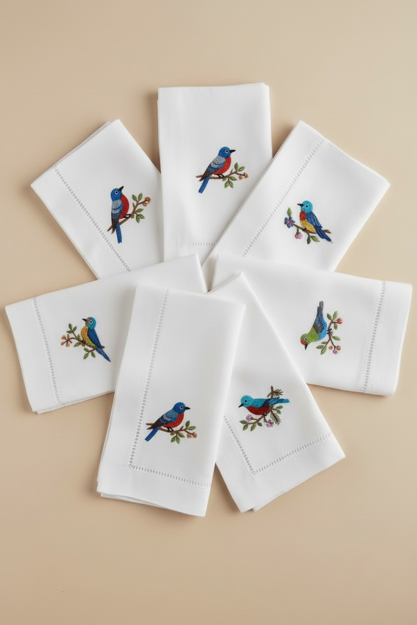 BIRD HAND EMBROIDERY NAPKIN - SET OF 6