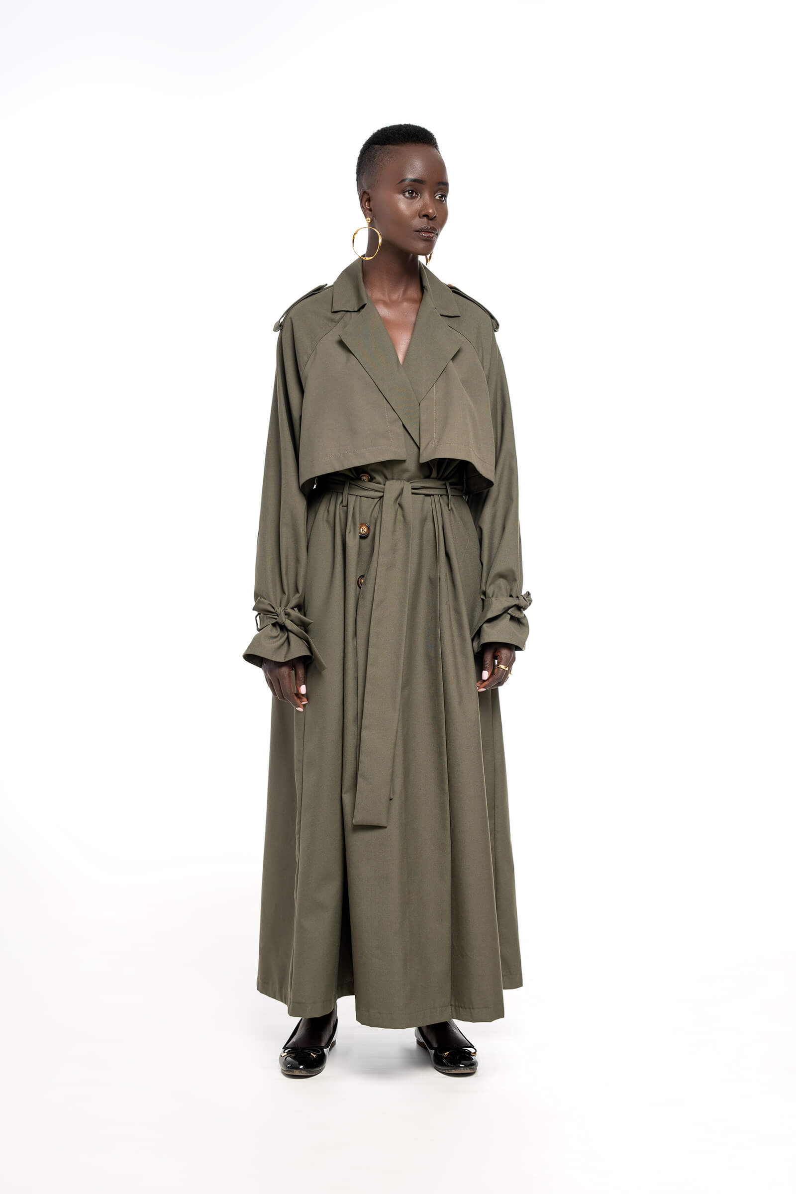 KAIA LONG TRENCH COAT - DARK OLIVE GREEN