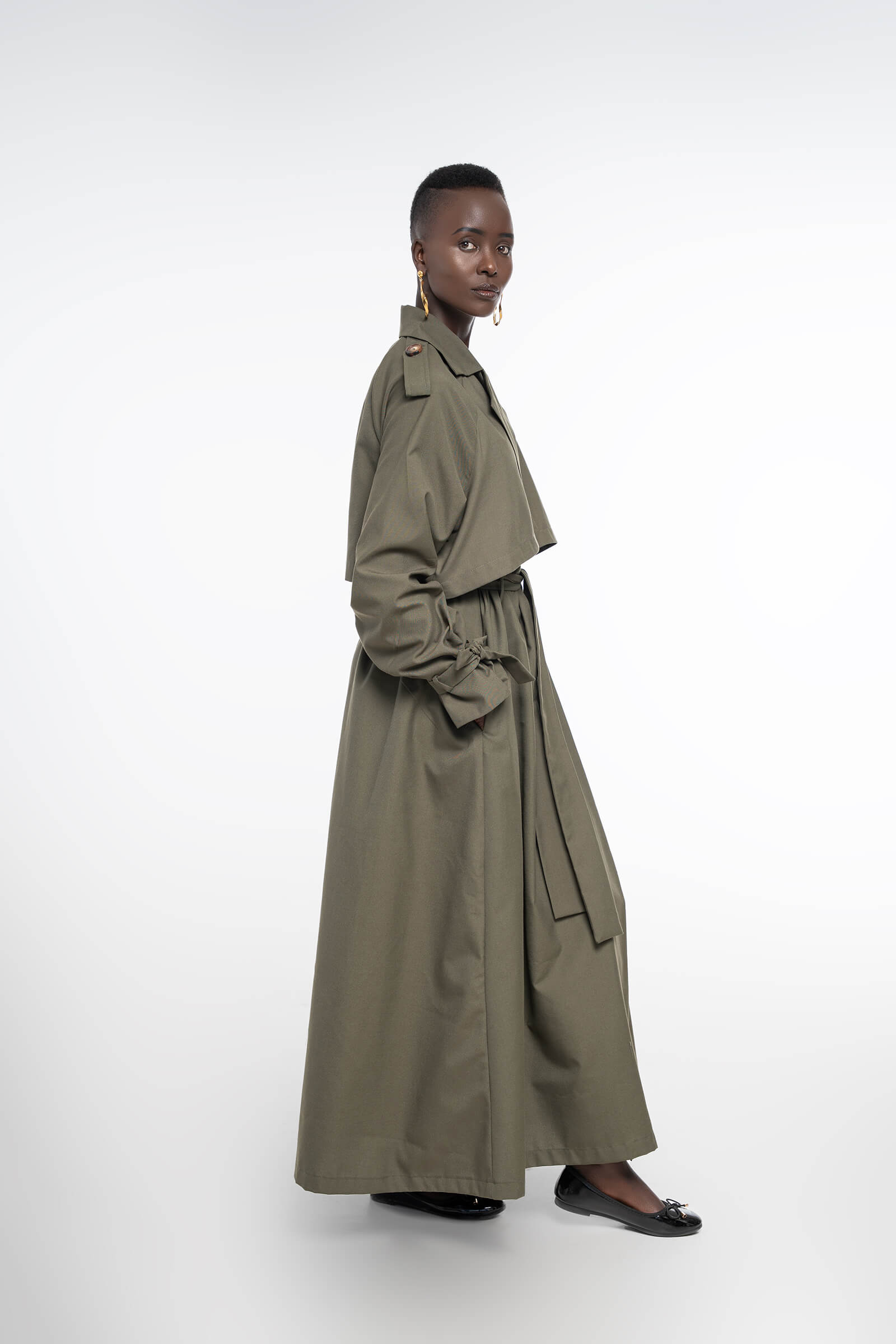 KAIA LONG TRENCH COAT - DARK OLIVE GREEN