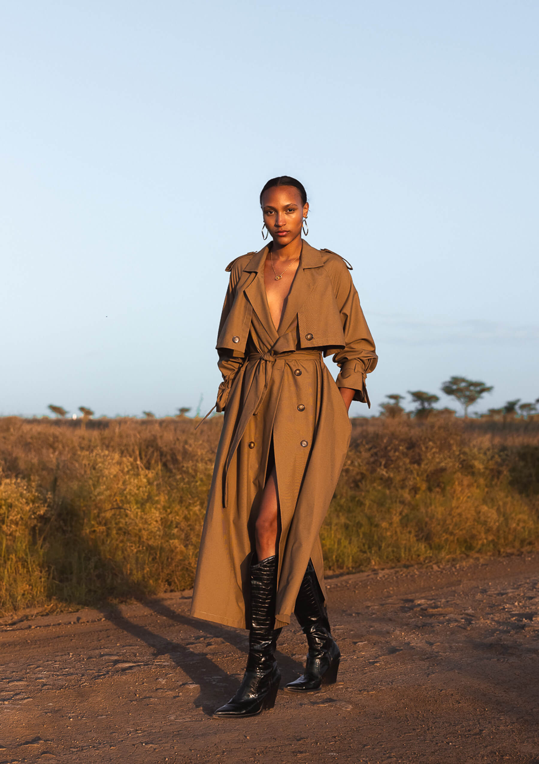 KAIA LONG TRENCH COAT - BEIGE