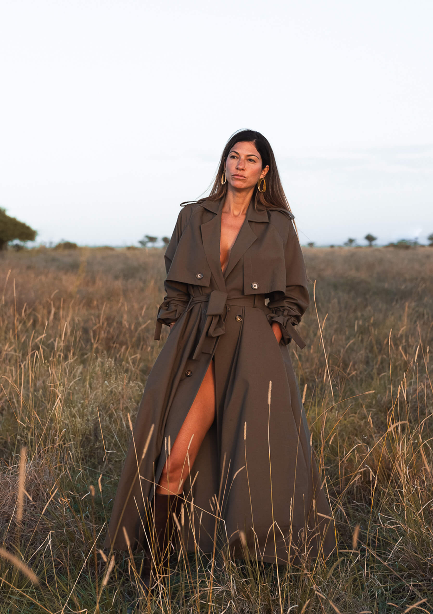 KAIA LONG TRENCH COAT - DARK OLIVE GREEN